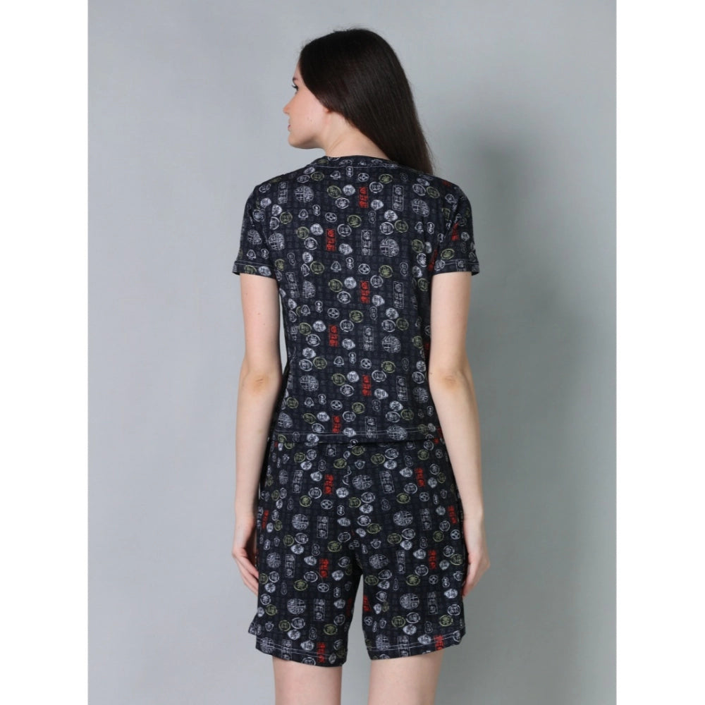 Vaystra Cotton Blended Printed Round Neck Half Sleeve Top - Shorts Set – Black