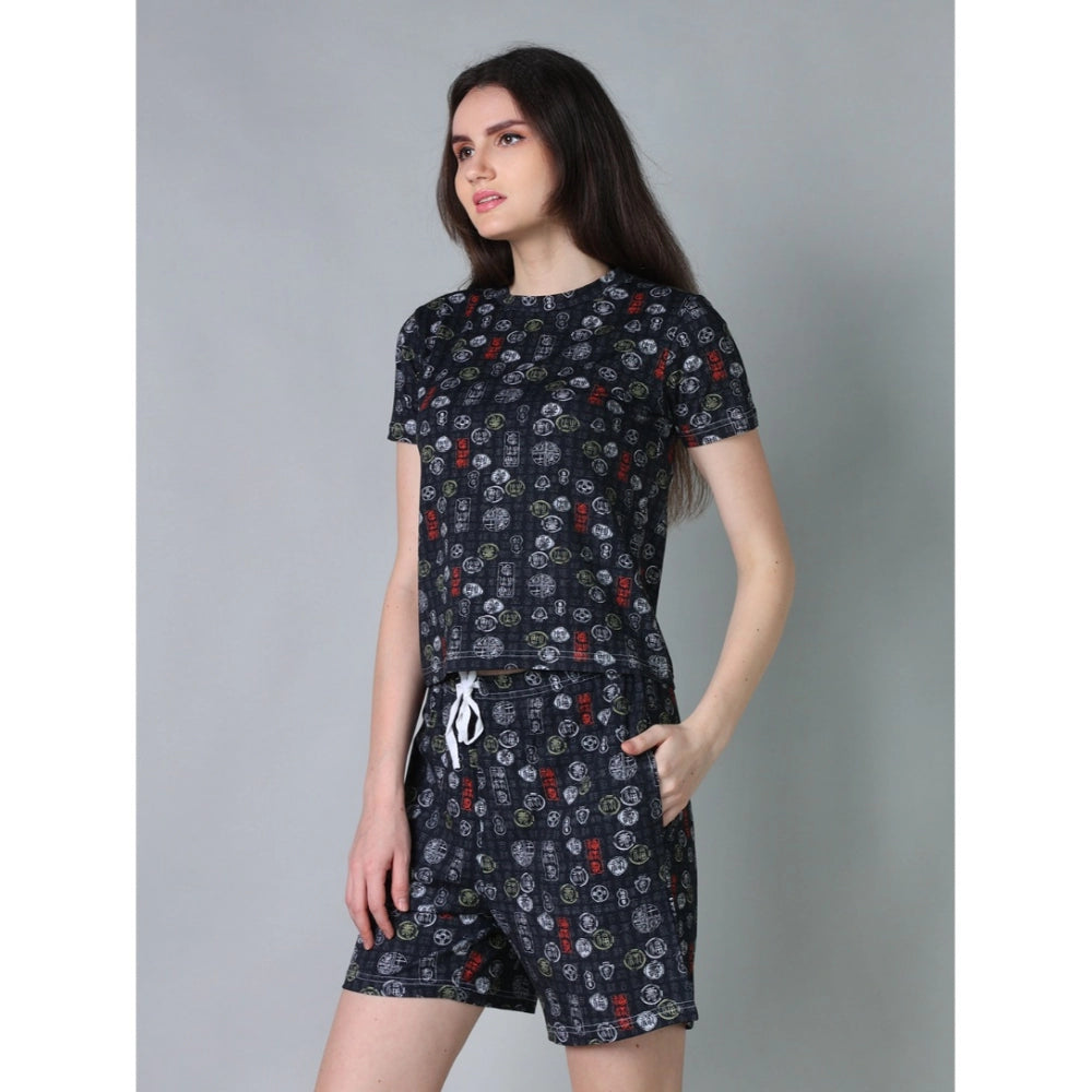Vaystra Cotton Blended Printed Round Neck Half Sleeve Top - Shorts Set – Black