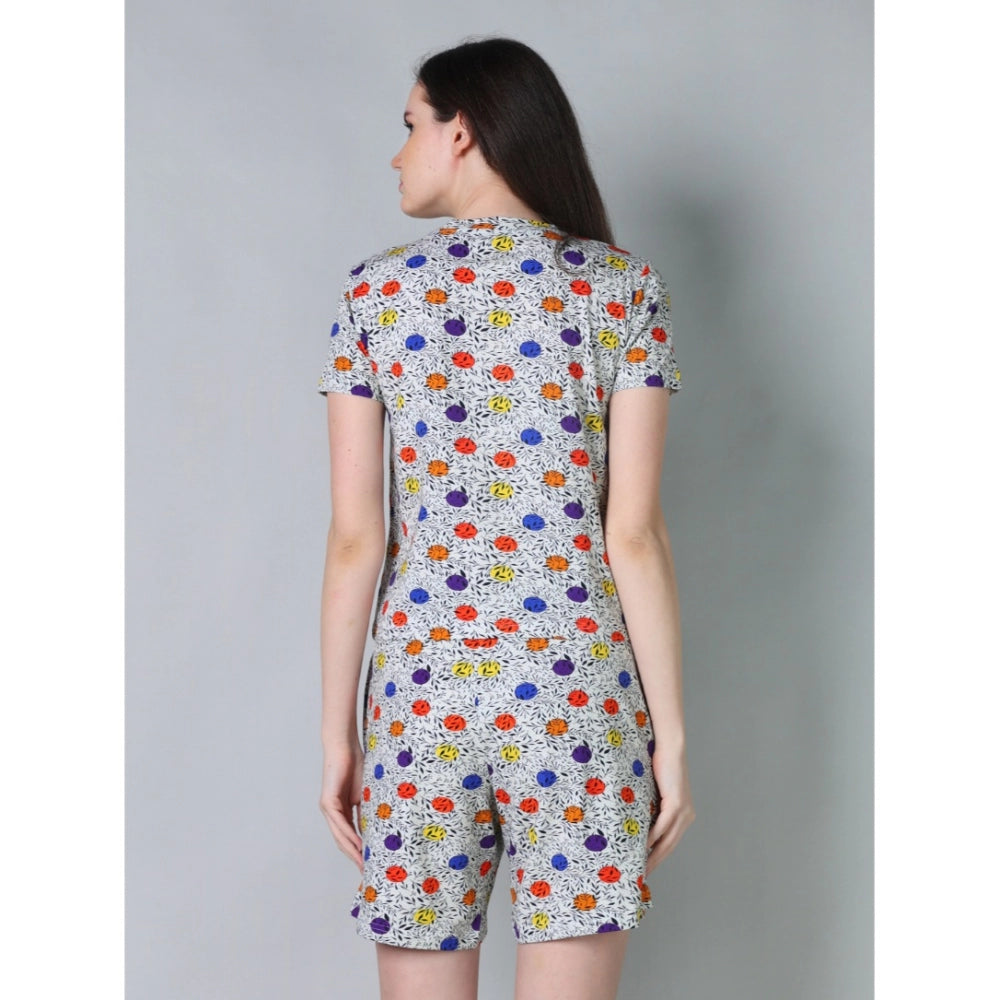 Vaystra Cotton Blended Printed Round Neck Half Sleeve Top - Shorts Set – Grey