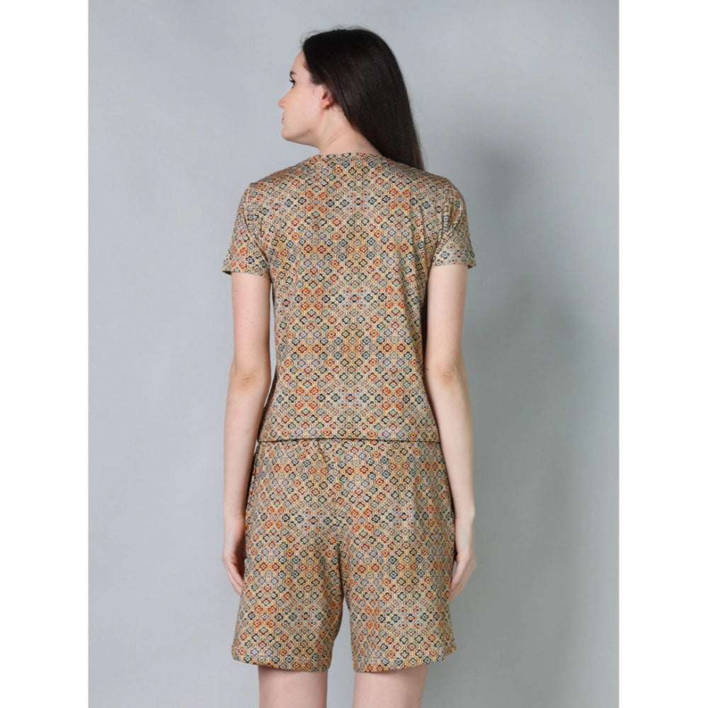 Vaystra Cotton Blended Printed Round Neck Half Sleeve Top - Shorts Set – Beige