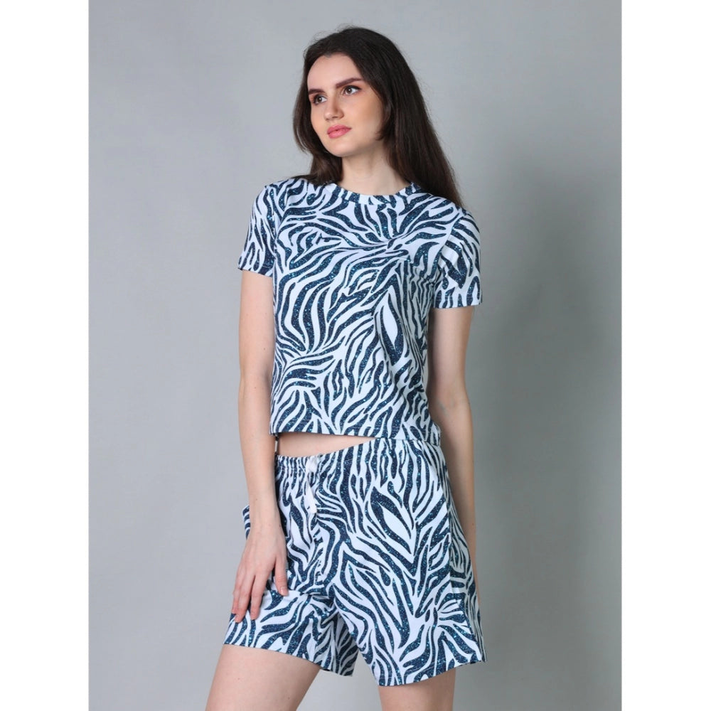 Vaystra Cotton Blended Printed Round Neck Half Sleeve Top - Shorts Set – Blue