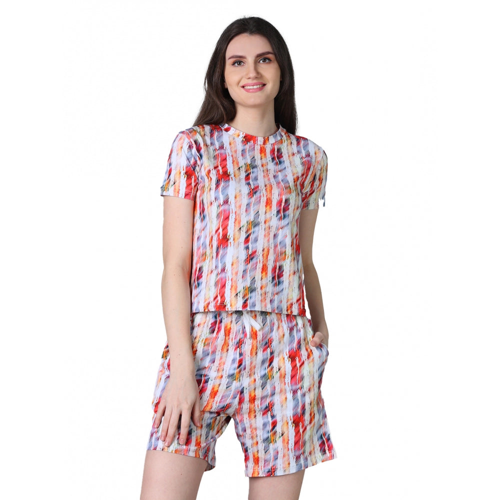 Vaystra Cotton Blended Printed Round Neck Half Sleeve Top - Shorts Set – Red