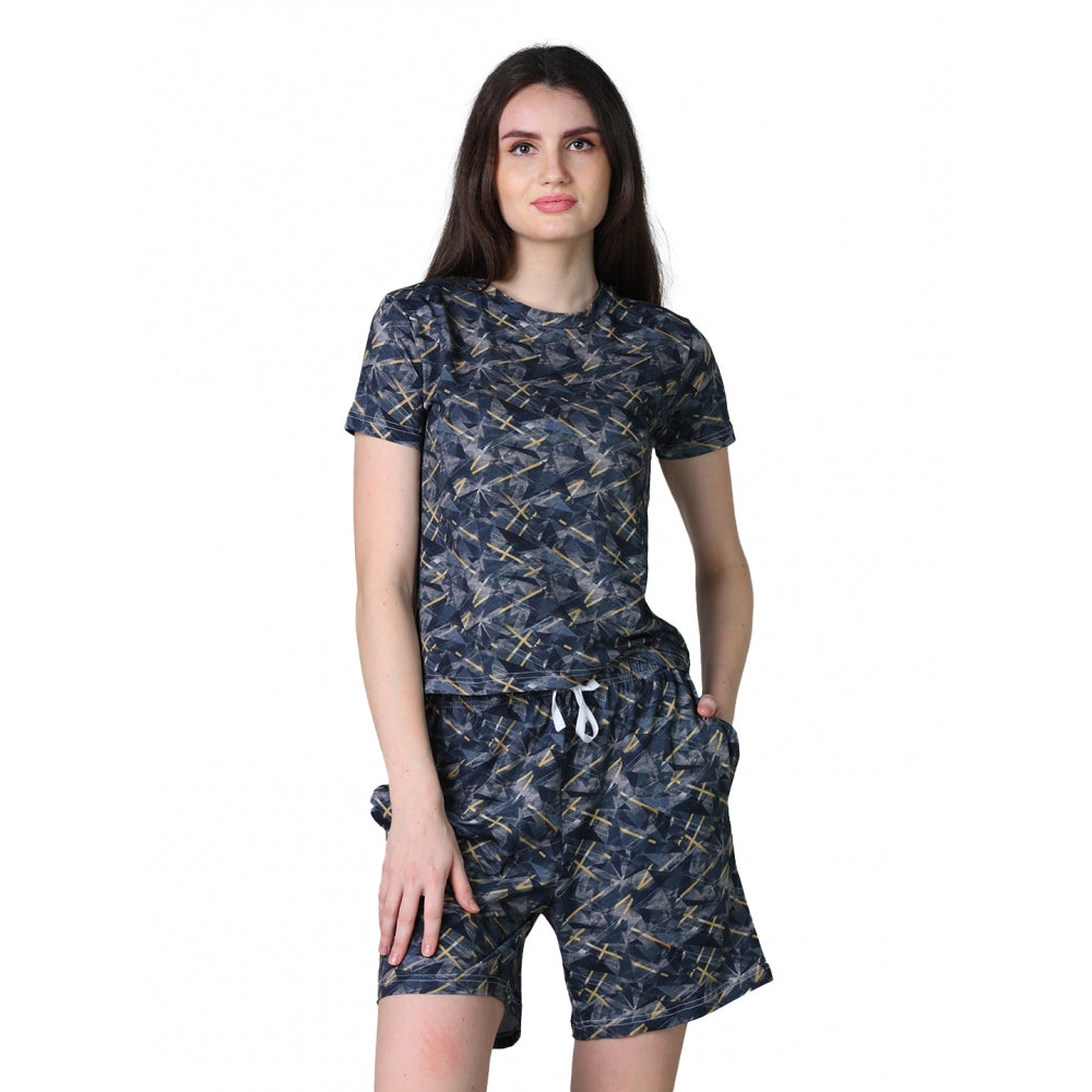 Vaystra Cotton Blended Printed Round Neck Half Sleeve Top - Shorts Set – Navy