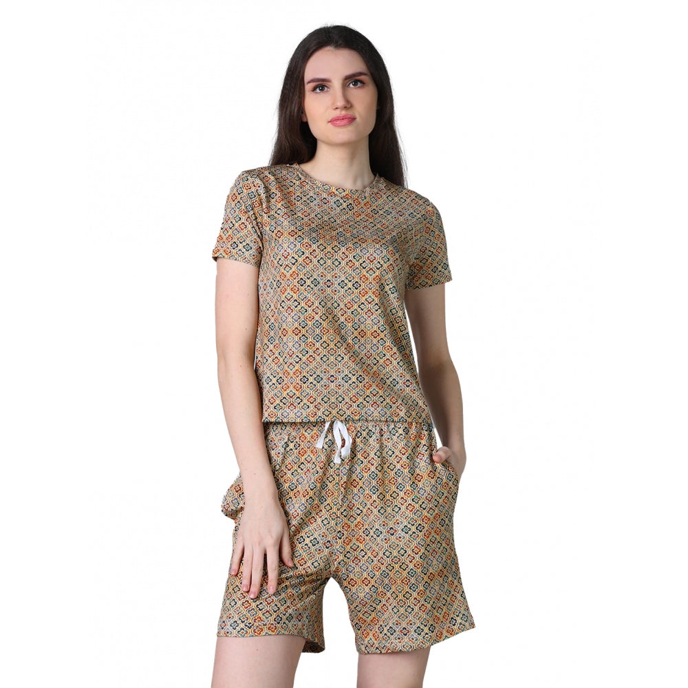 Vaystra Cotton Blended Printed Round Neck Half Sleeve Top - Shorts Set – Beige