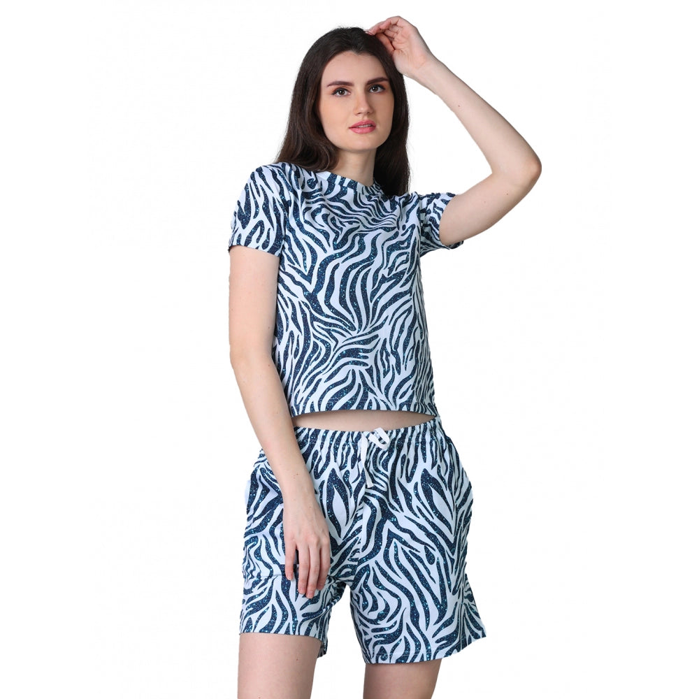 Vaystra Cotton Blended Printed Round Neck Half Sleeve Top - Shorts Set – Blue