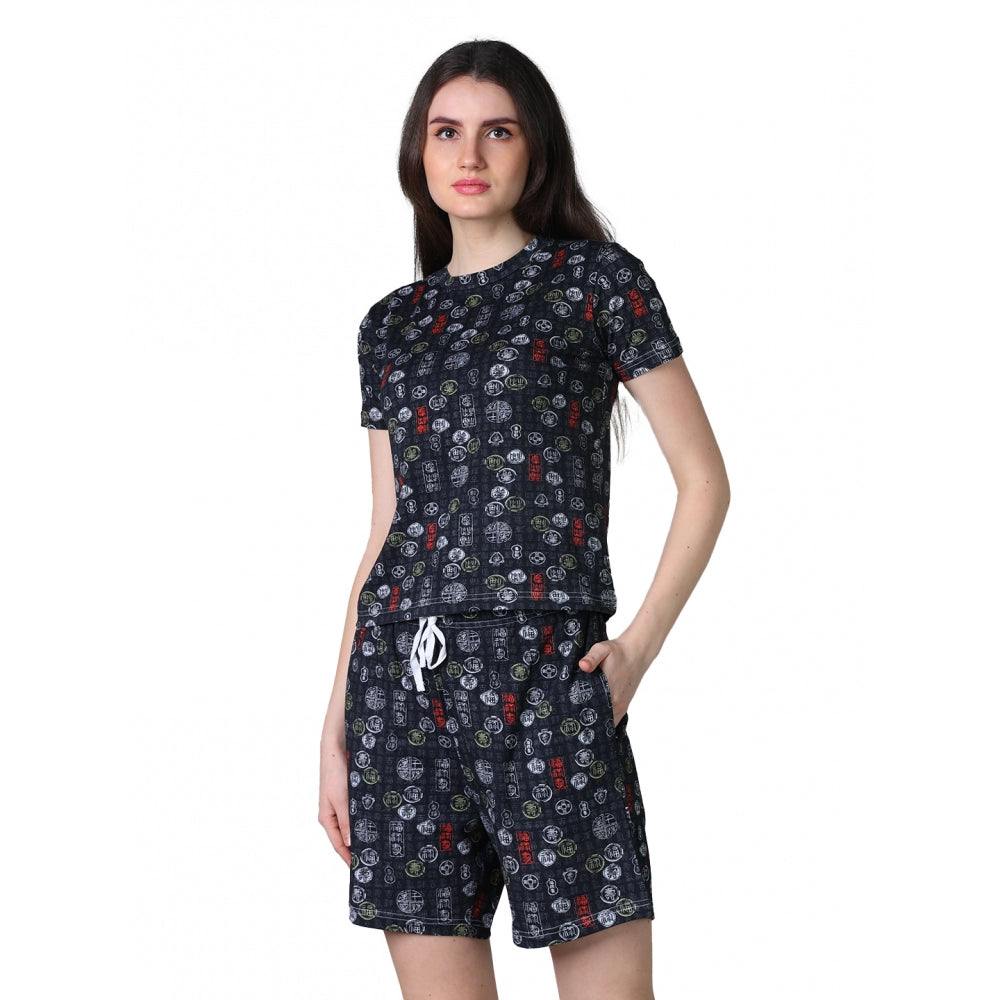 Vaystra Cotton Blended Printed Round Neck Half Sleeve Top - Shorts Set – Black