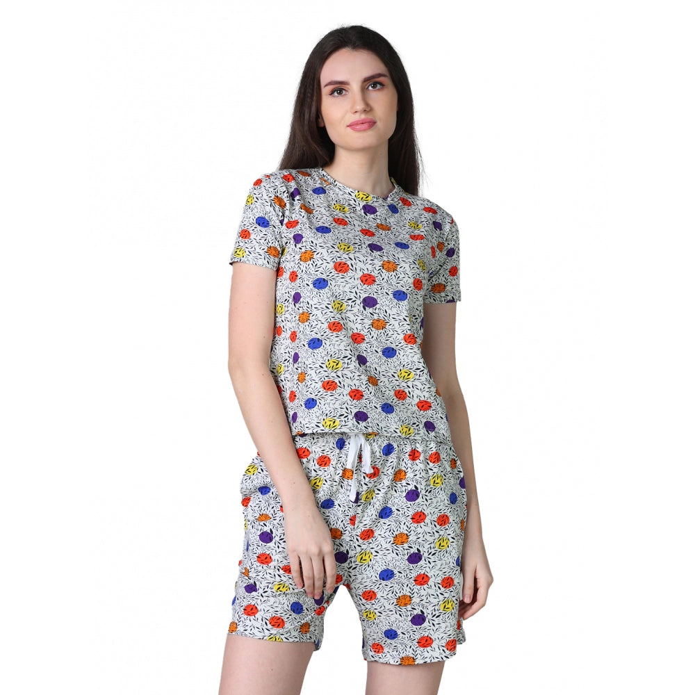 Vaystra Cotton Blended Printed Round Neck Half Sleeve Top - Shorts Set – Grey