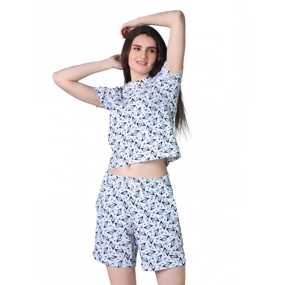 Vaystra Cotton Blended Printed Round Neck Half Sleeve Top - Shorts Set – White-Black