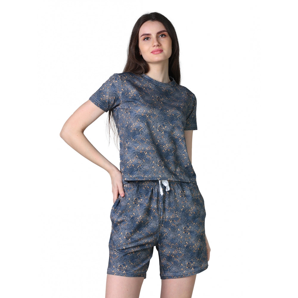 Vaystra Cotton Blended Printed Round Neck Half Sleeve Top - Shorts Set – Blue