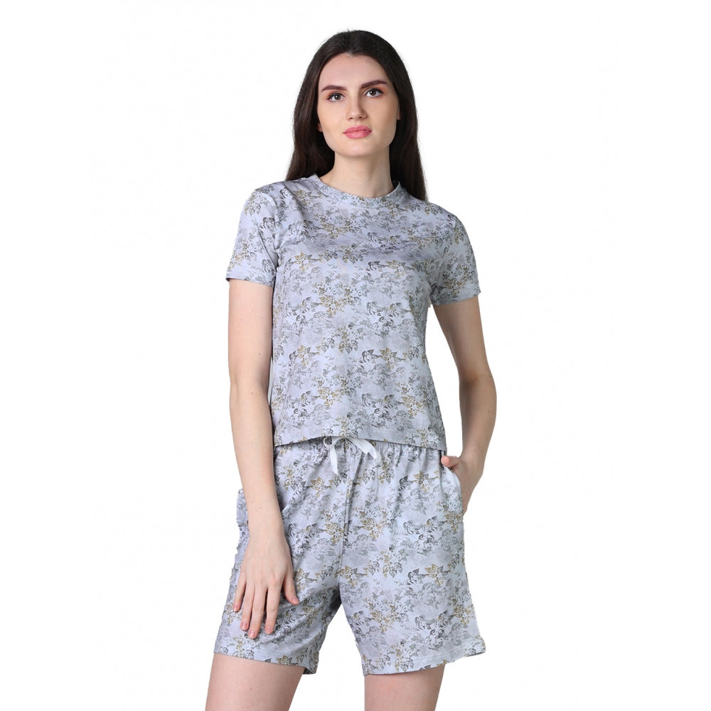 Vaystra Cotton Blended Printed Round Neck Half Sleeve Top - Shorts Set – Grey