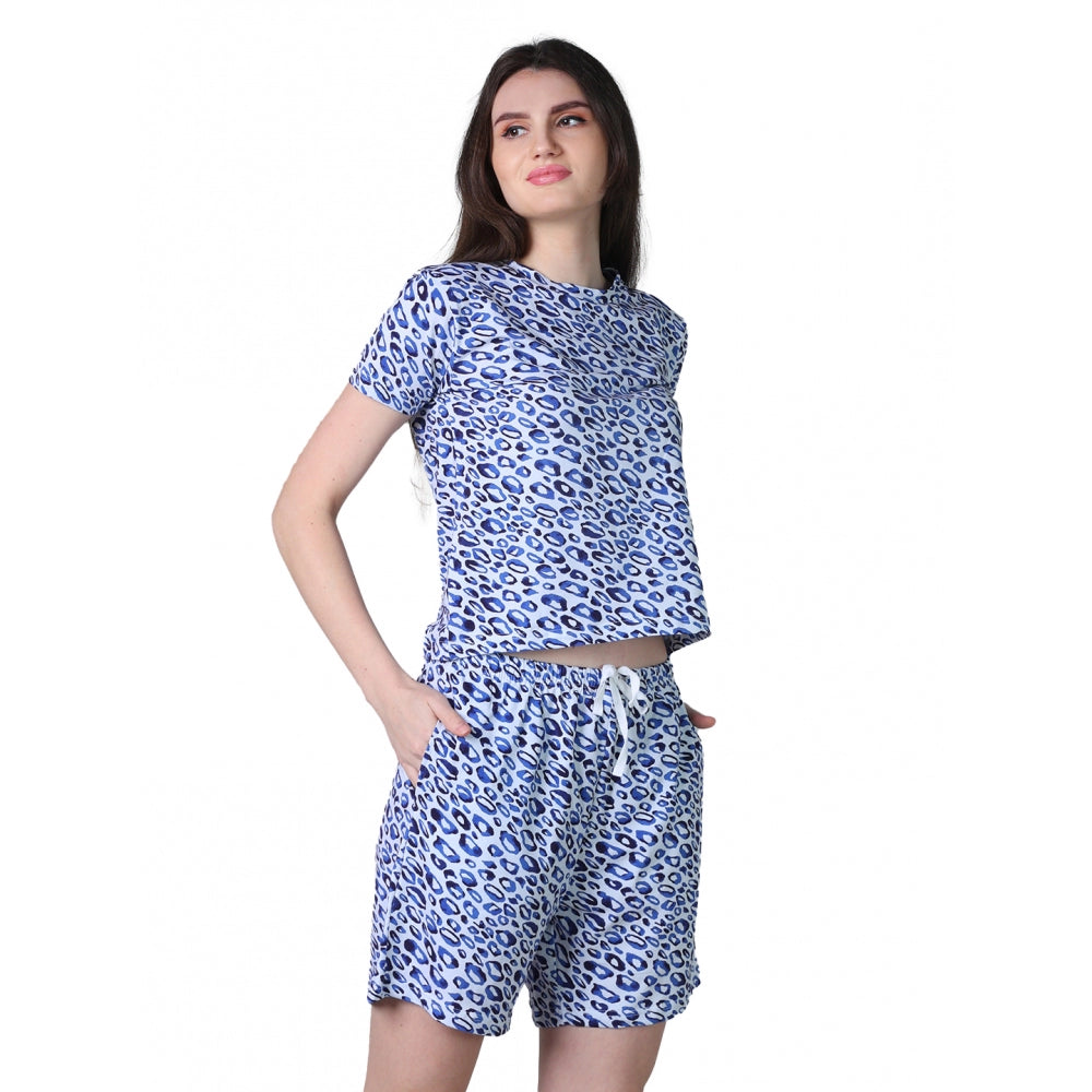 Vaystra Cotton Blended Printed Round Neck Half Sleeve Top - Shorts Set – Blue