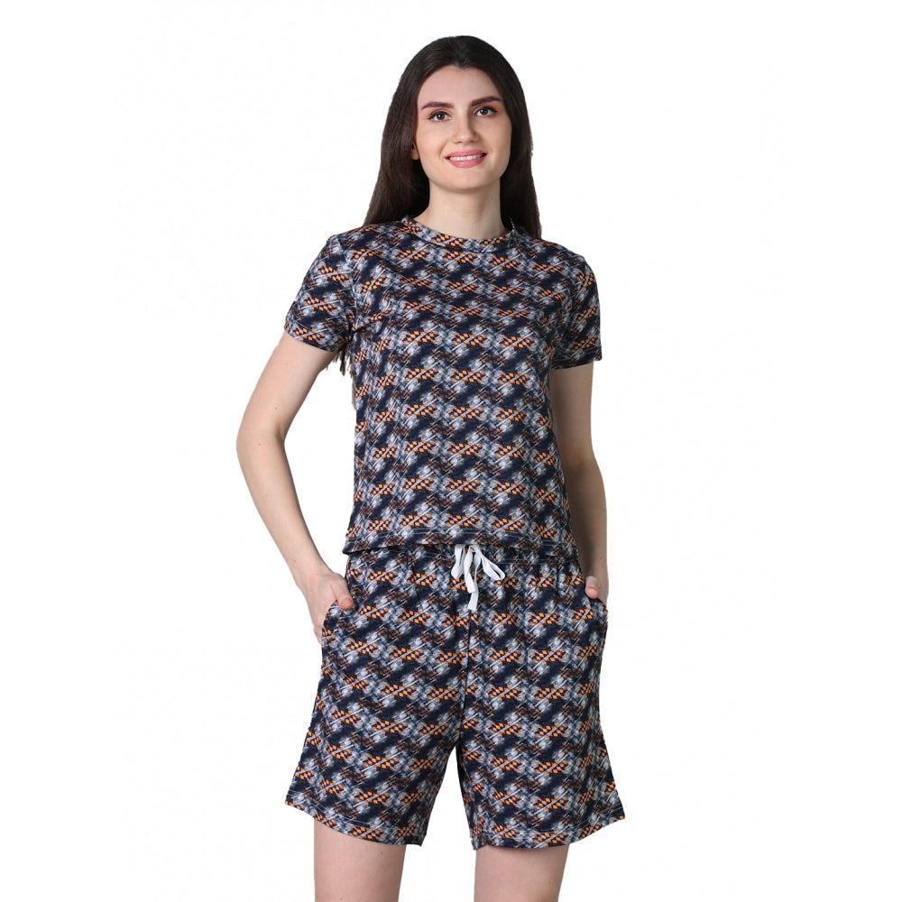 Vaystra Cotton Blended Printed Round Neck Half Sleeve Top - Shorts Set – Blue-Brown