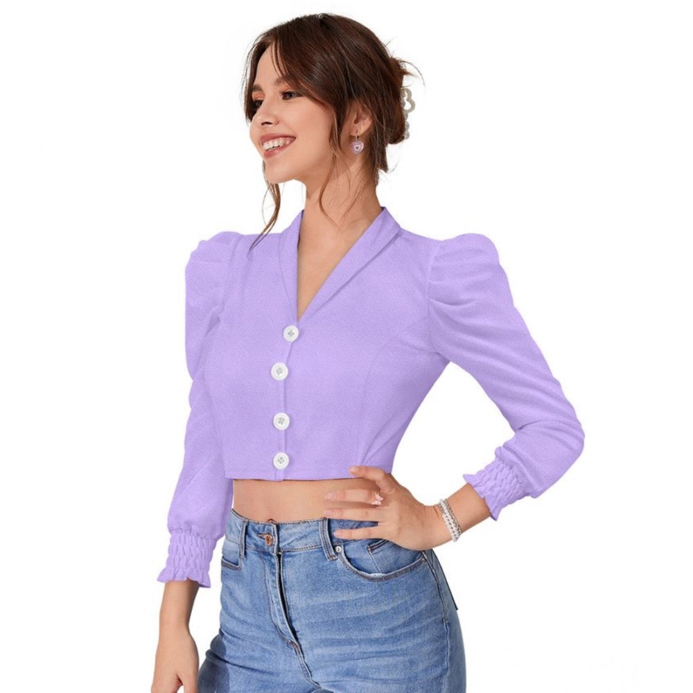 Vaystra Polyester Solid Puff Sleeves Lapel Collar Top – Purple