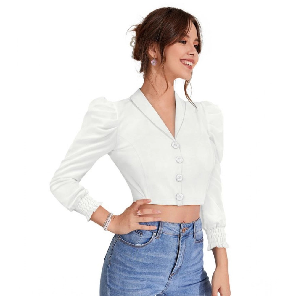 Vaystra Polyester Solid Puff Sleeves Lapel Collar Top – White