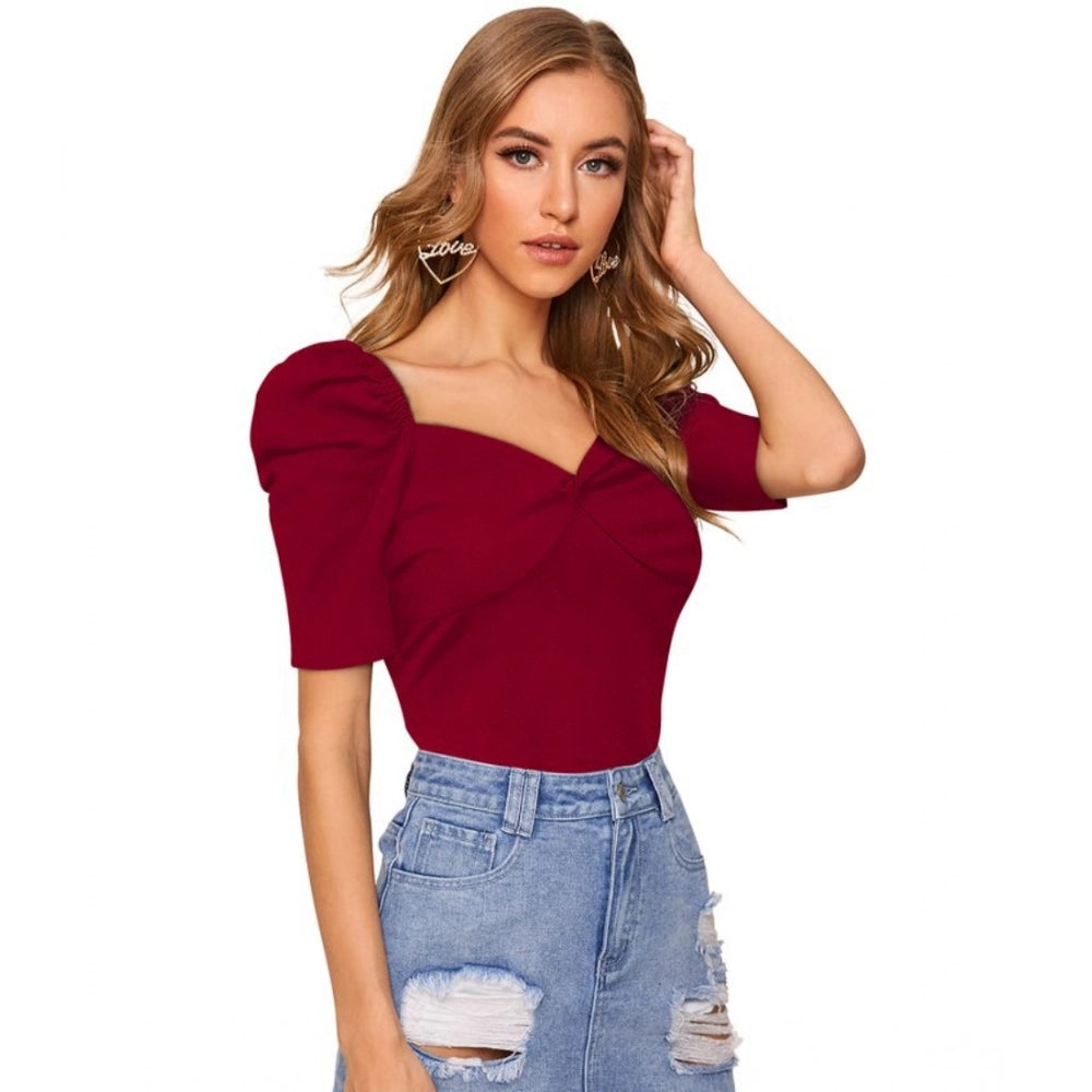 Vaystra Polyester Solid Puff Short Sleeves Sweetheart Neck Top – Maroon
