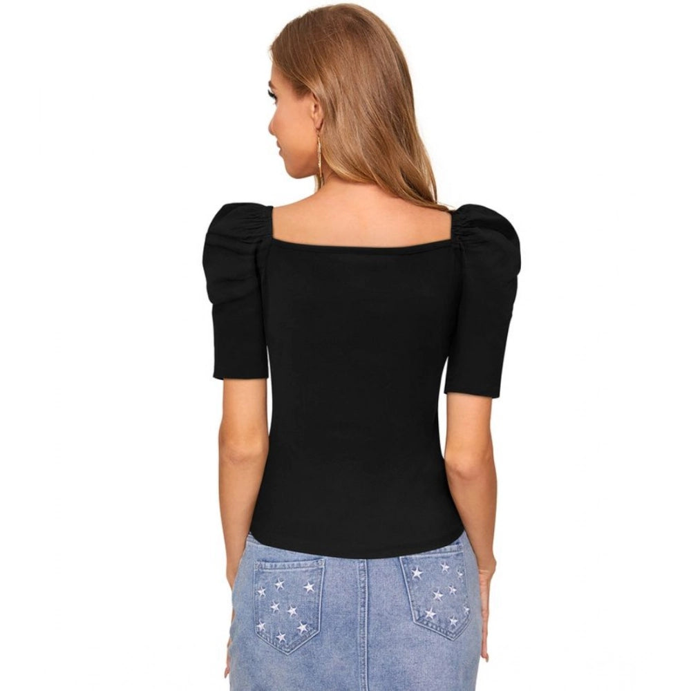 Vaystra Polyester Solid Puff Short Sleeves Sweetheart Neck Top – Black