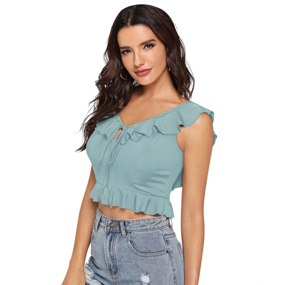 Vaystra Polyester Solid Sleeveless Ruffle Neck Top – Pista