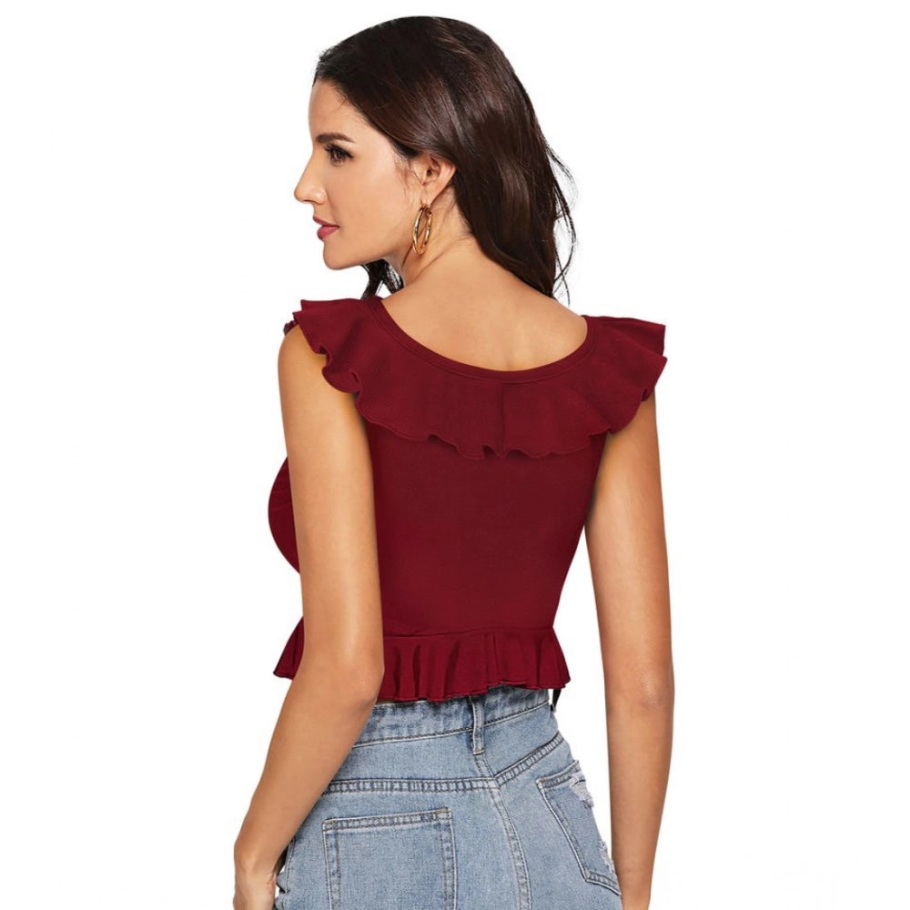 Vaystra Polyester Solid Sleeveless Ruffle Neck Top – Maroon
