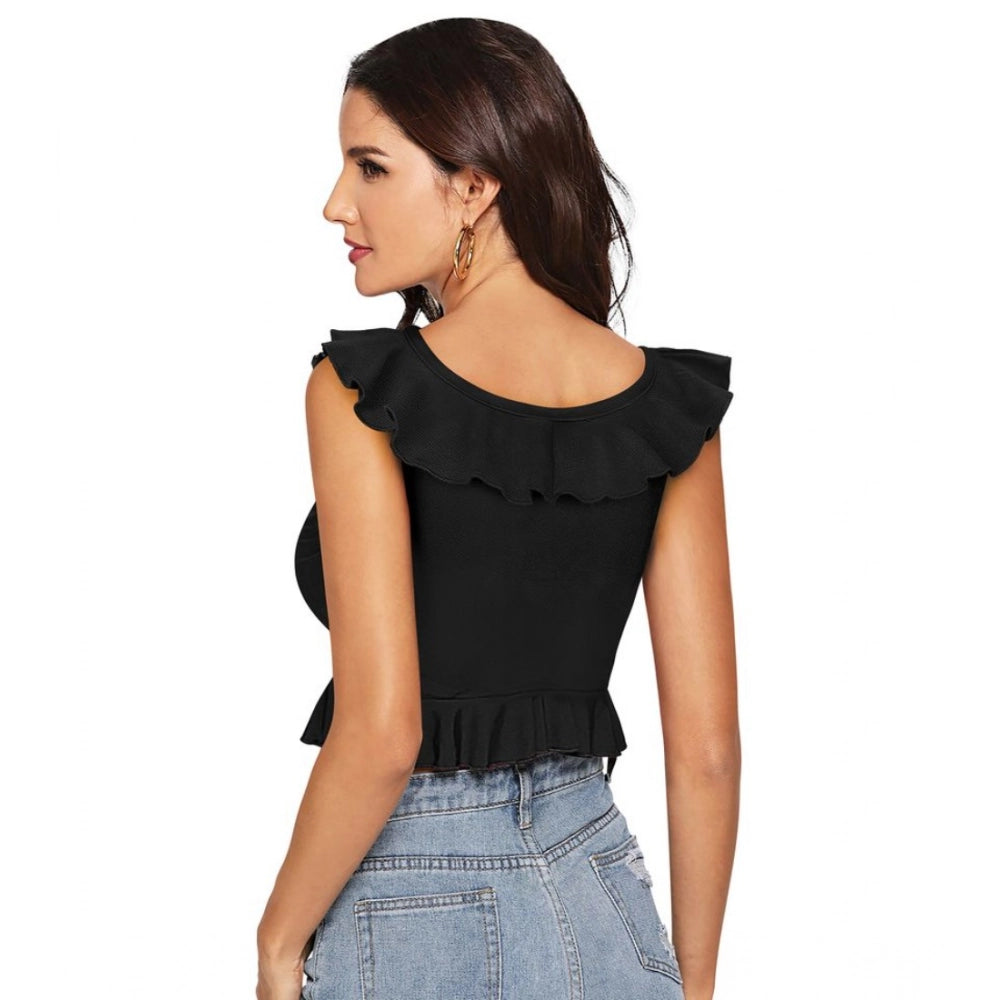 Vaystra Polyester Solid Sleeveless Ruffle Neck Top – Black