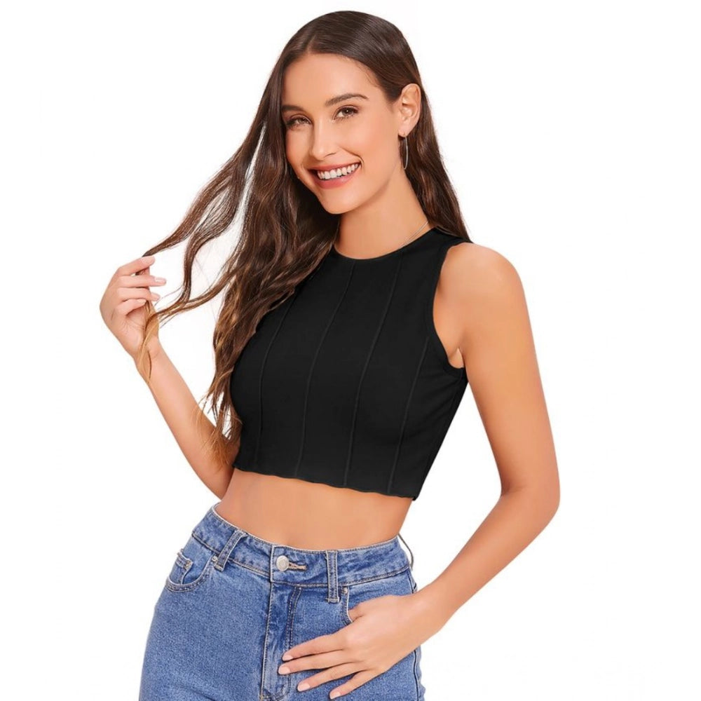 Vaystra Polyester Solid Sleeveless Round Neck Top – Black