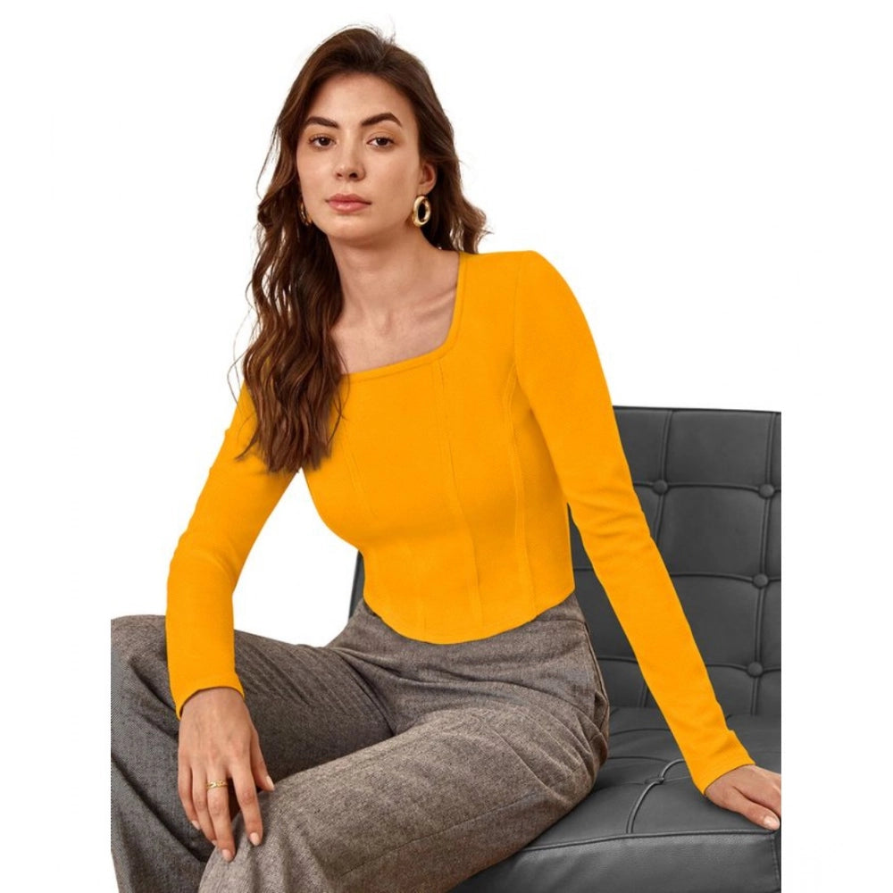 Vaystra Polyester Solid Full Sleeves Square Neck Top – Yellow