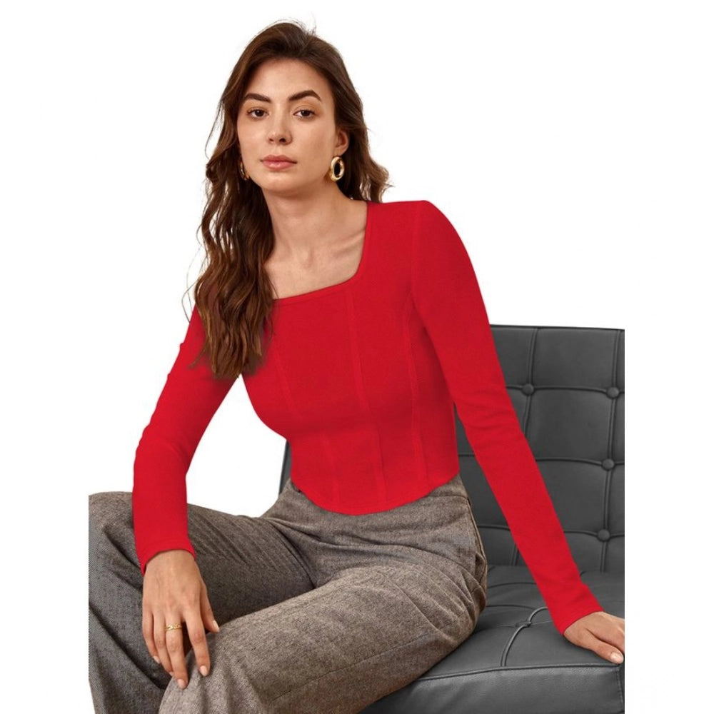 Vaystra Polyester Solid Full Sleeves Square Neck Top – Red