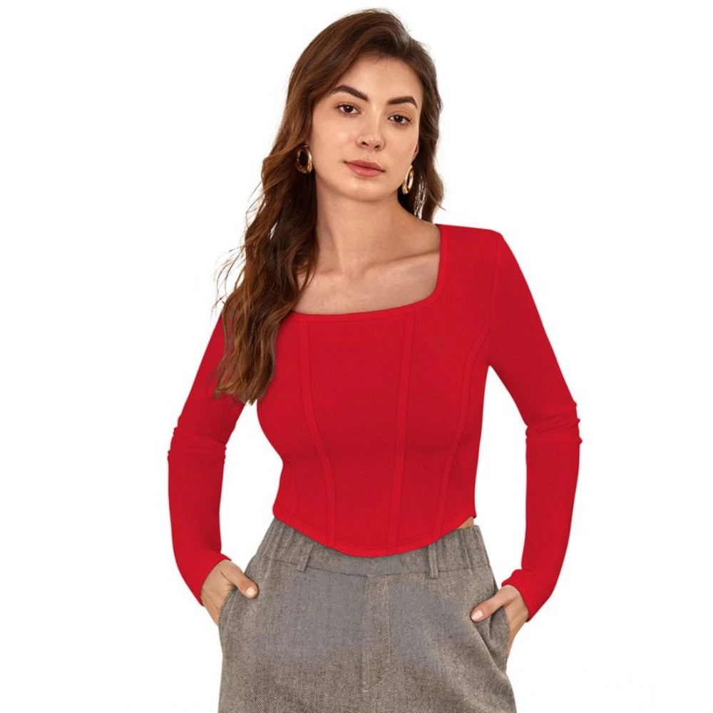 Vaystra Polyester Solid Full Sleeves Square Neck Top – Red