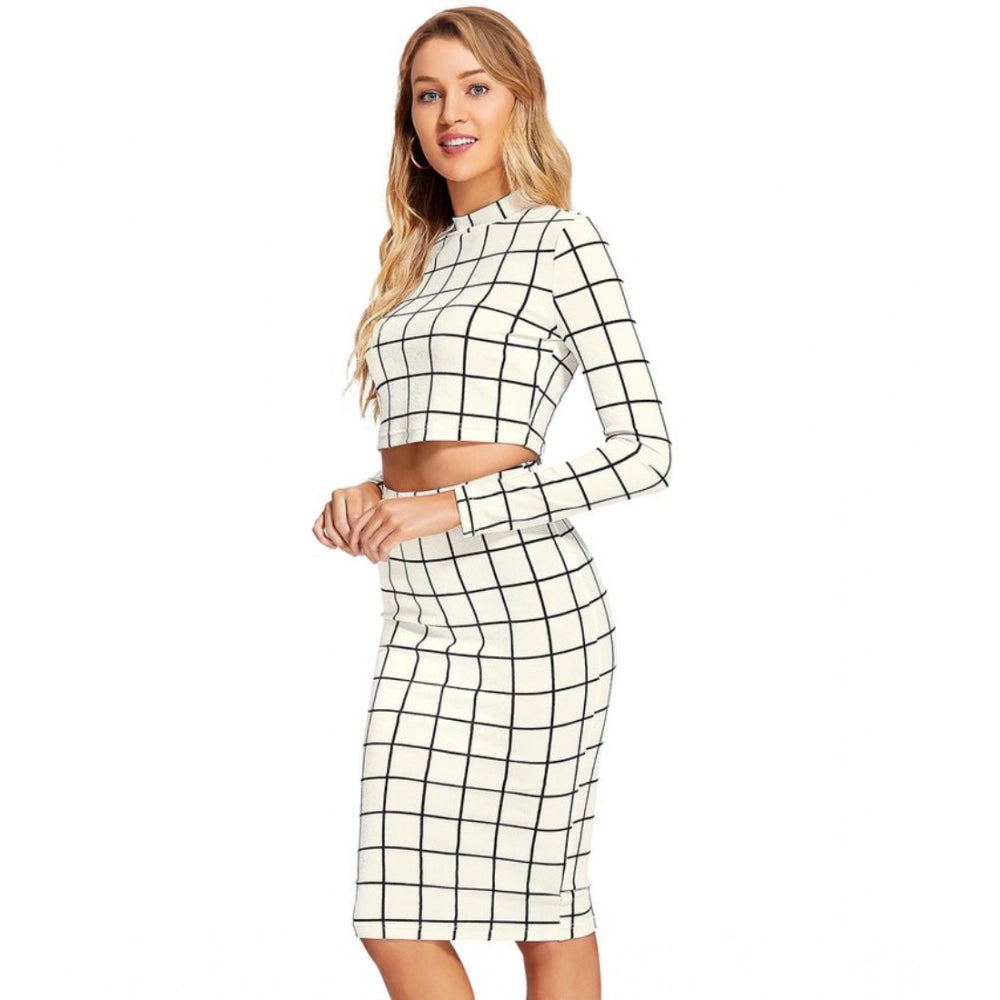 Vaystra Polyester Checkered Full Sleeves Stand Collar Crop Top Skirt Set – White