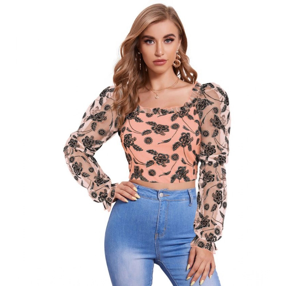 Vaystra Polyester Solid Full Sleeves Square Collar Top – Peach