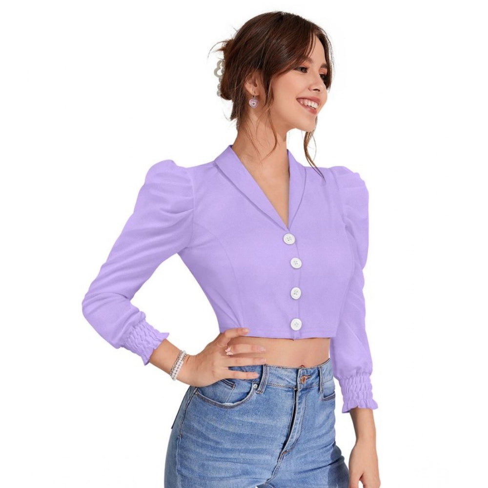 Vaystra Polyester Solid Puff Sleeves Lapel Collar Top – Purple