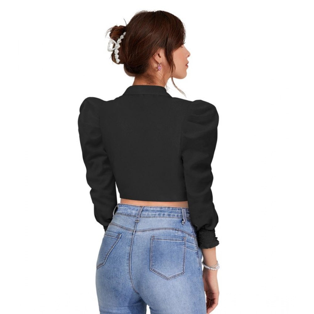 Vaystra Polyester Solid Puff Sleeves Lapel Collar Top – Black