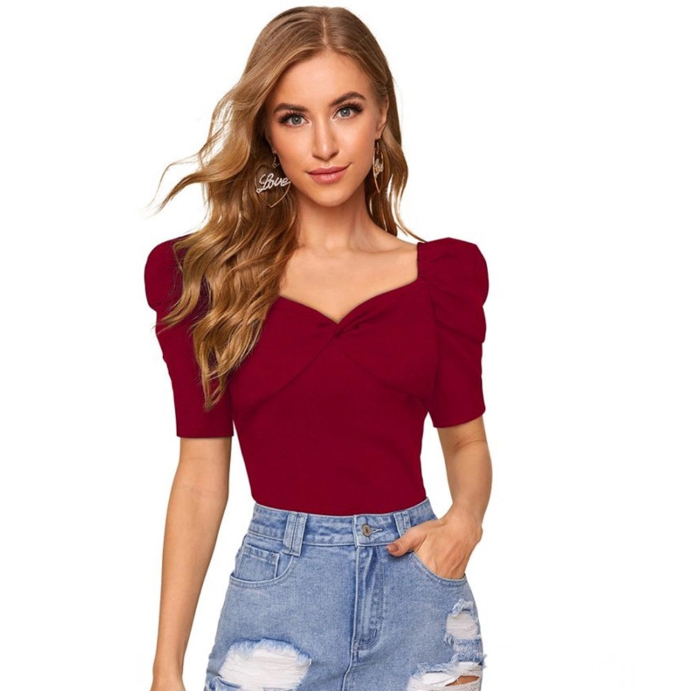 Vaystra Polyester Solid Puff Short Sleeves Sweetheart Neck Top – Maroon
