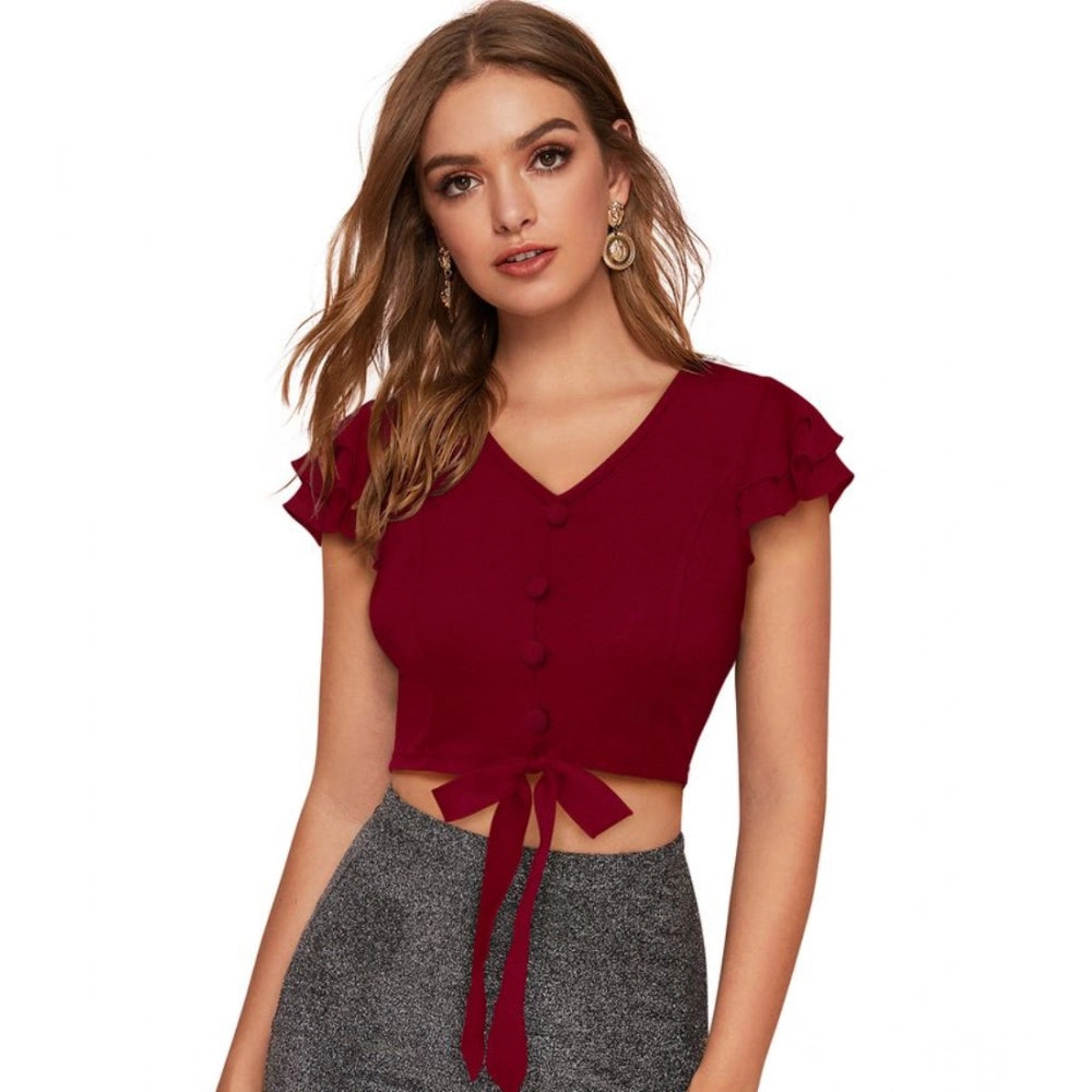 Vaystra Polyester Solid Short Sleeves V Neck Top – Maroon