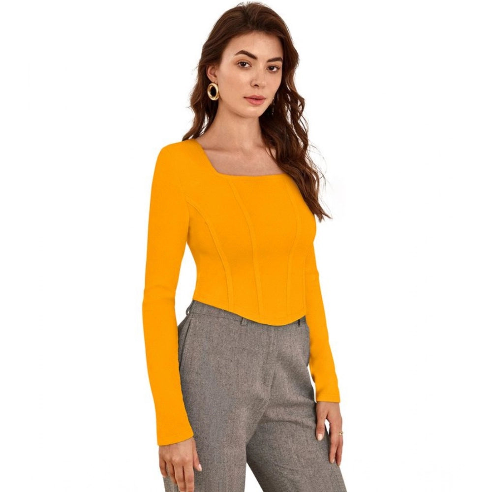 Vaystra Polyester Solid Full Sleeves Square Neck Top – Yellow