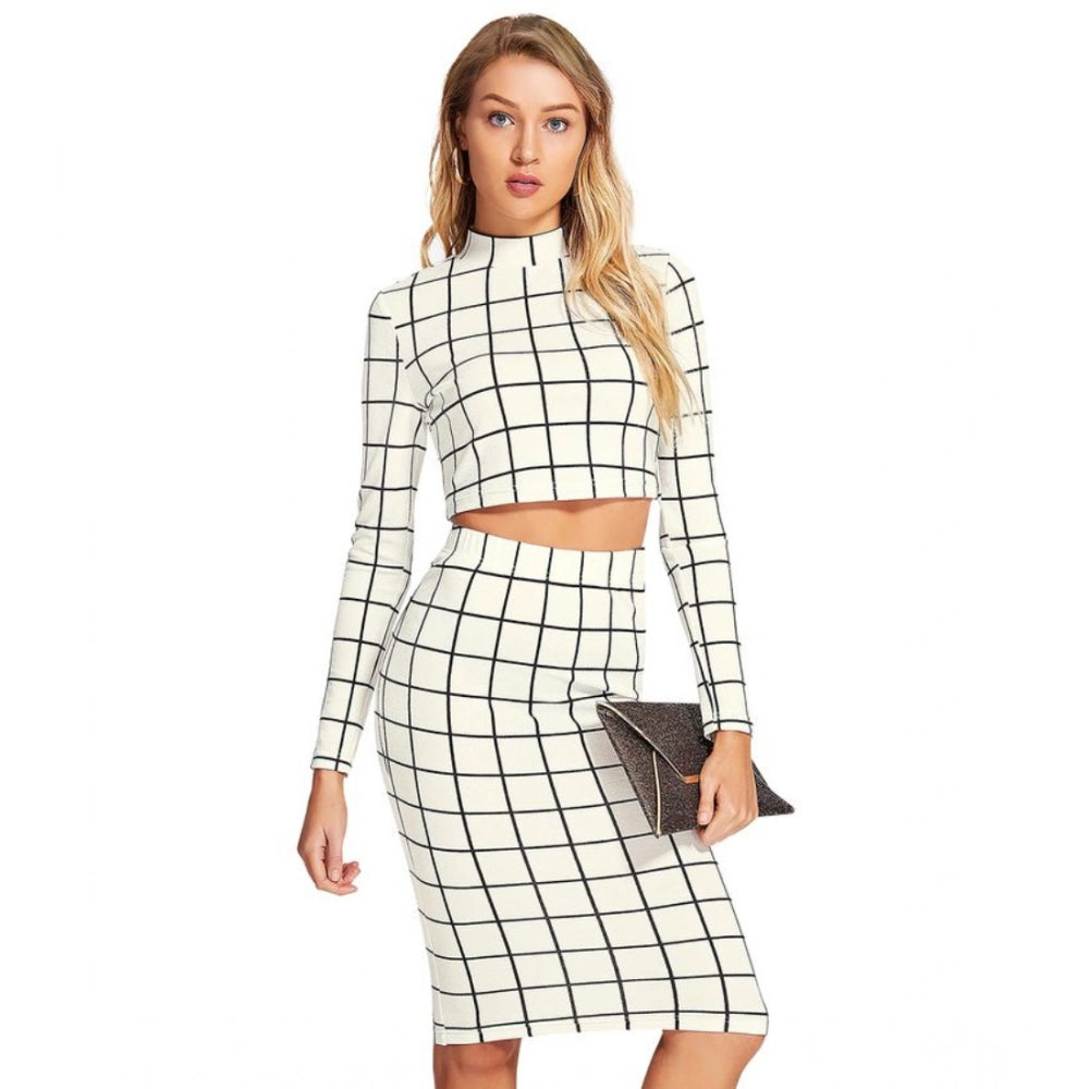 Vaystra Polyester Checkered Full Sleeves Stand Collar Crop Top Skirt Set – White