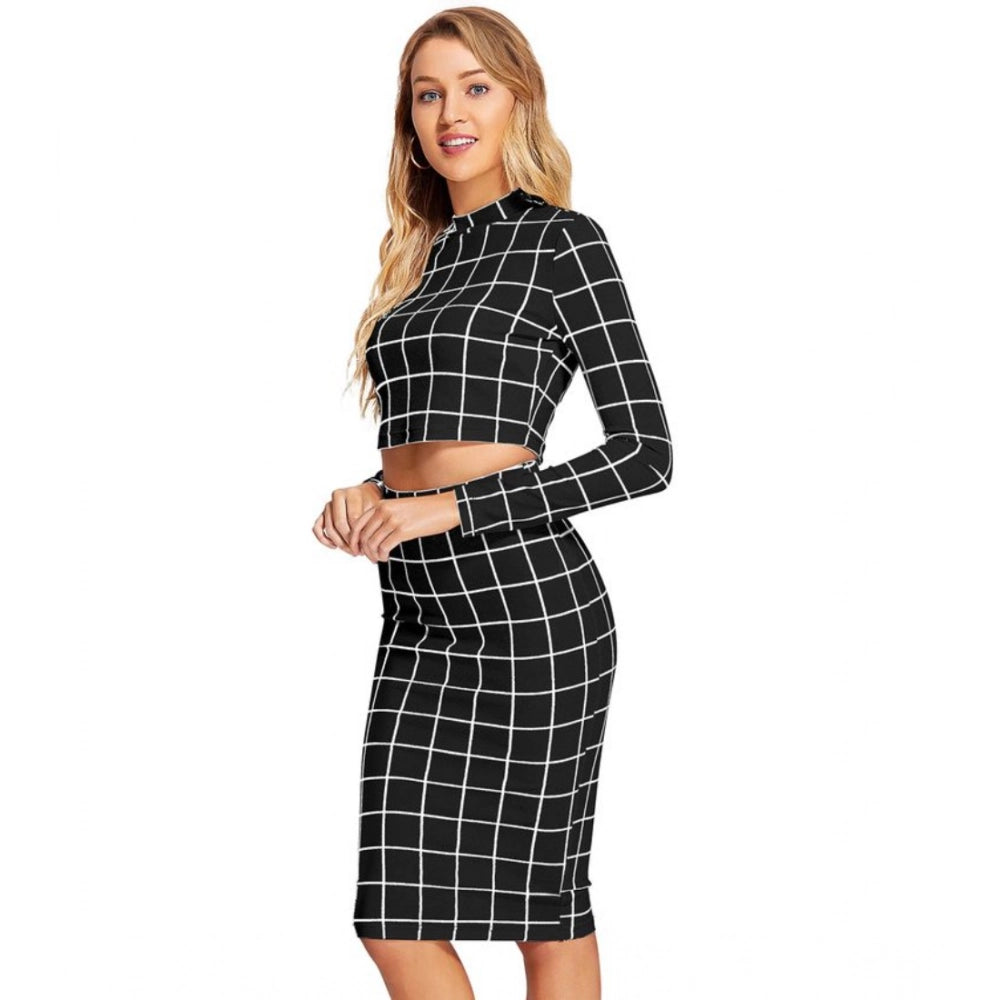 Vaystra Polyester Checkered Full Sleeves Stand Collar Crop Top Skirt Set – Black