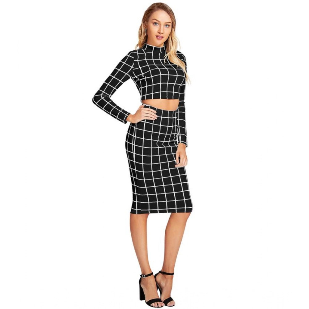 Vaystra Polyester Checkered Full Sleeves Stand Collar Crop Top Skirt Set – Black