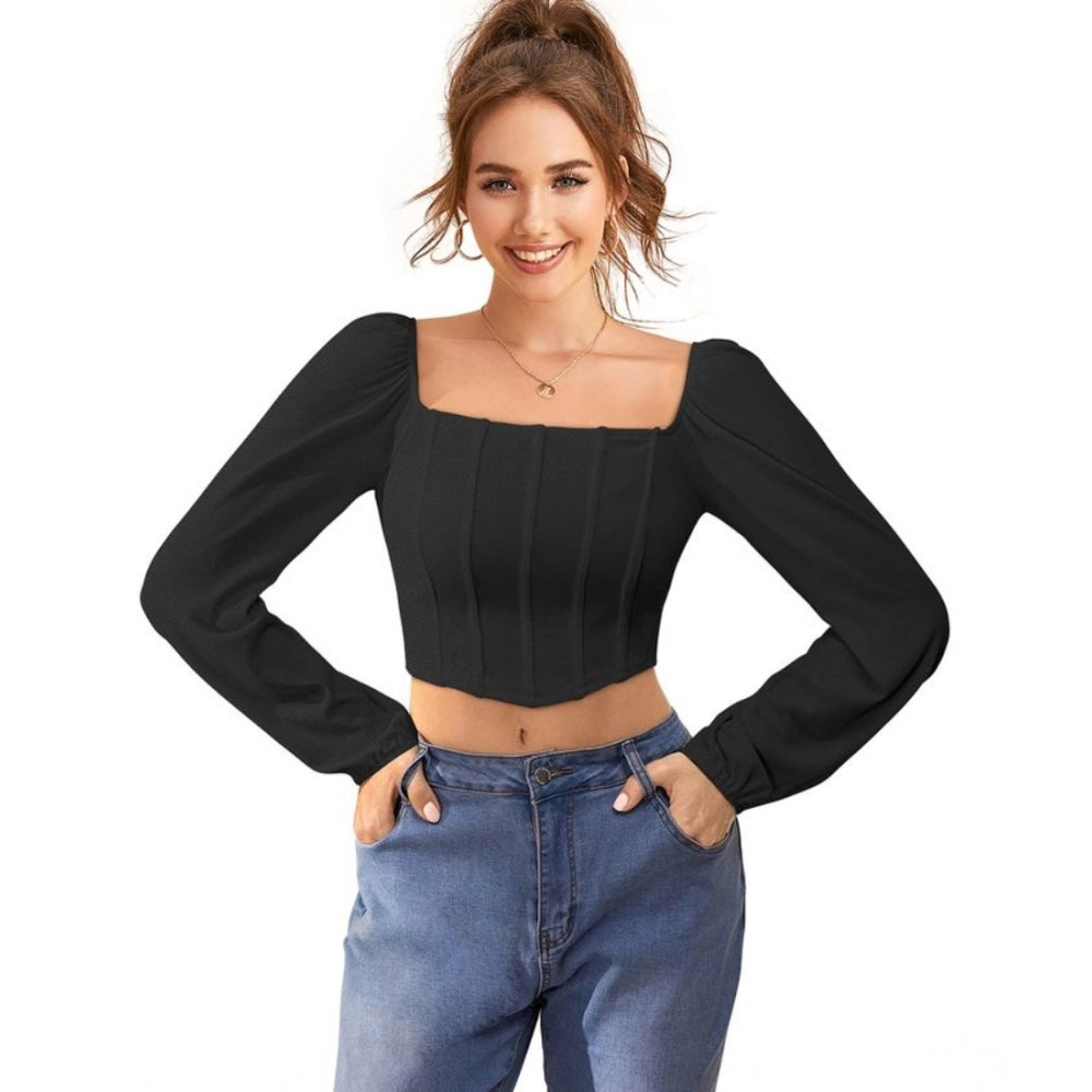 Vaystra Polyester Solid Long Sleeves Square Neck Top – Black