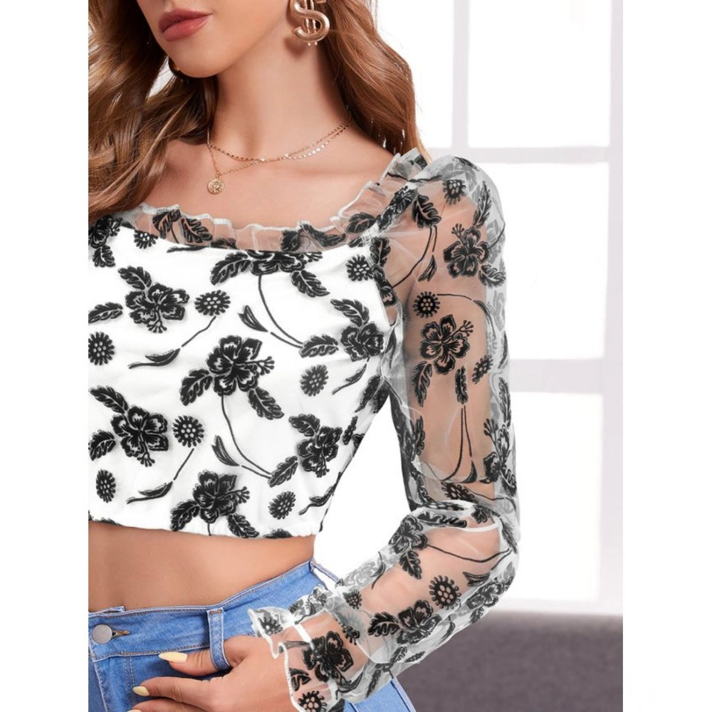 Vaystra Polyester Solid Full Sleeves Square Collar Top – White