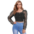 Vaystra Polyester Solid Full Sleeves Square Collar Top – Black