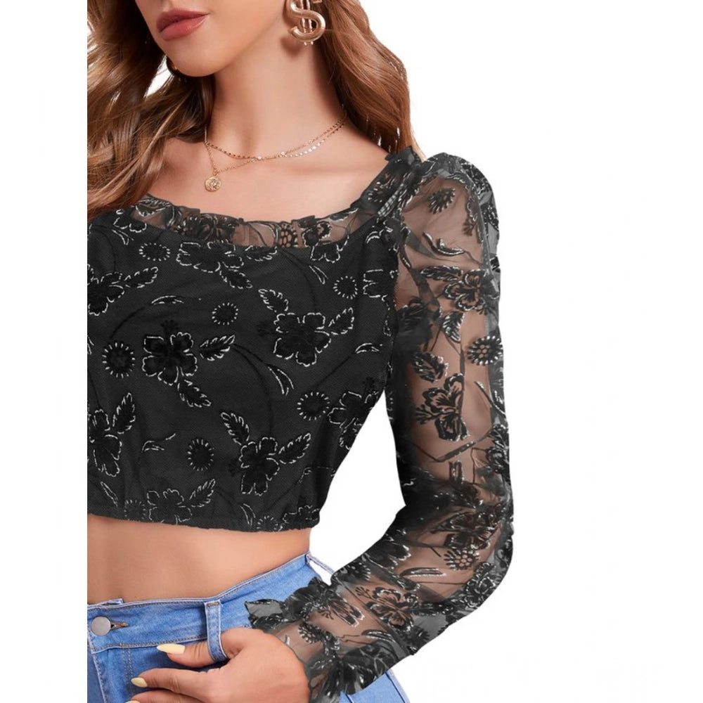 Vaystra Polyester Solid Full Sleeves Square Collar Top – Black