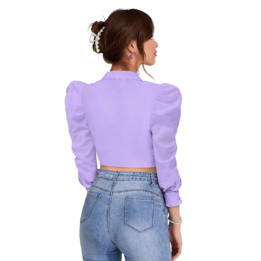 Vaystra Polyester Solid Puff Sleeves Lapel Collar Top – Purple