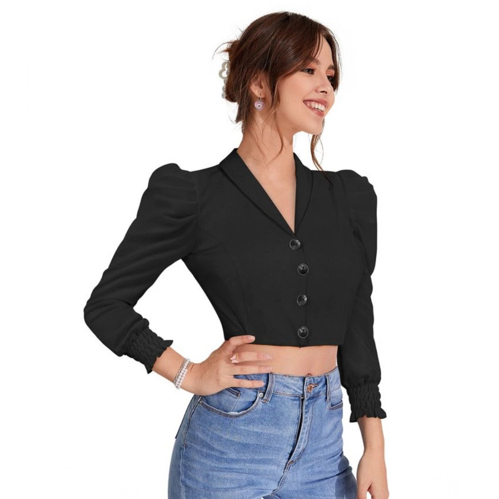 Vaystra Polyester Solid Puff Sleeves Lapel Collar Top – Black