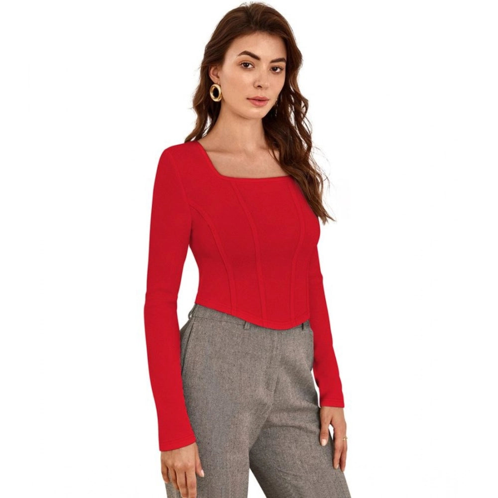 Vaystra Polyester Solid Full Sleeves Square Neck Top – Red
