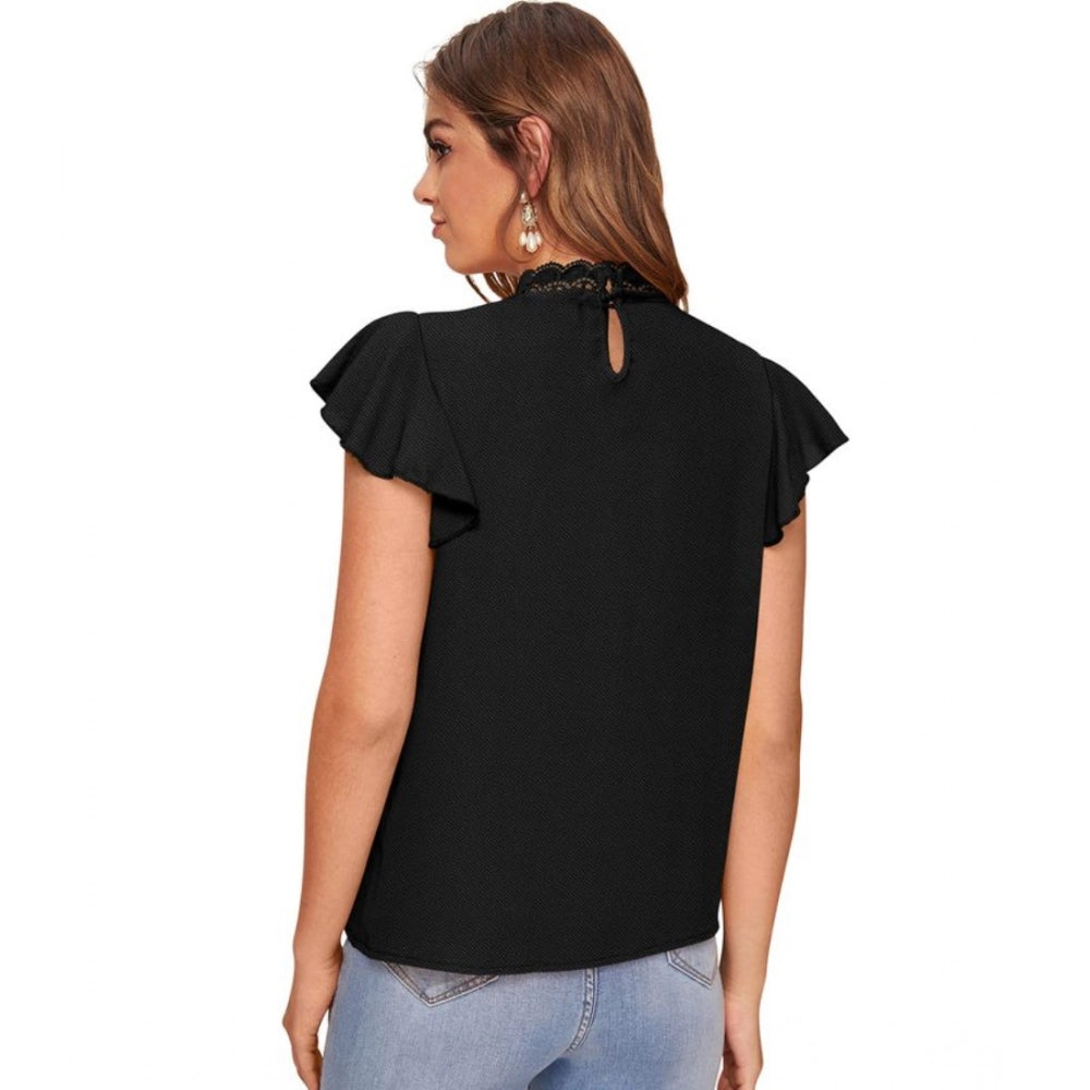Vaystra Polyester Solid Cap Sleeve Sweetheart Neck Top – Black