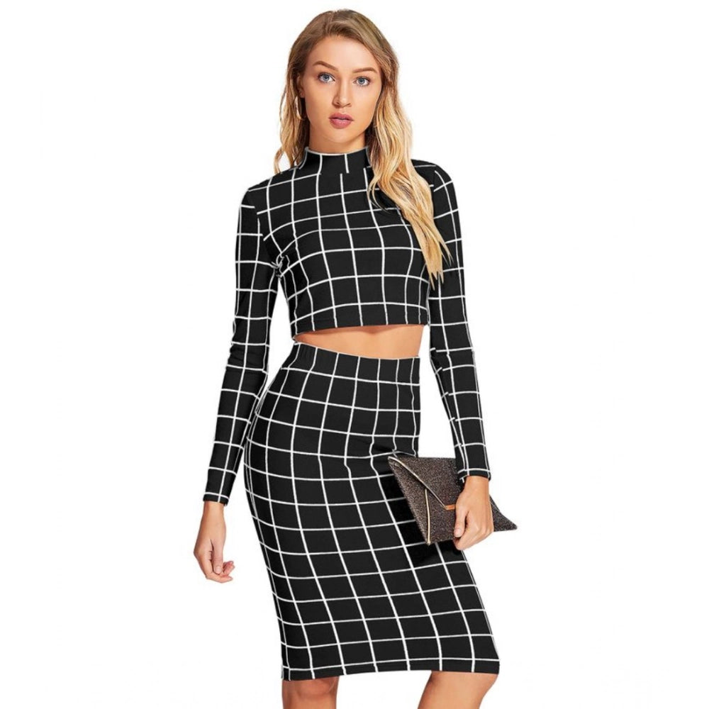 Vaystra Polyester Checkered Full Sleeves Stand Collar Crop Top Skirt Set – Black