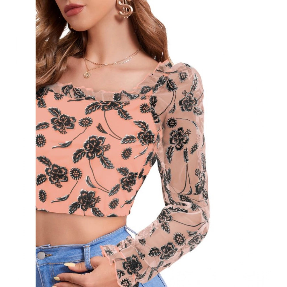 Vaystra Polyester Solid Full Sleeves Square Collar Top – Peach