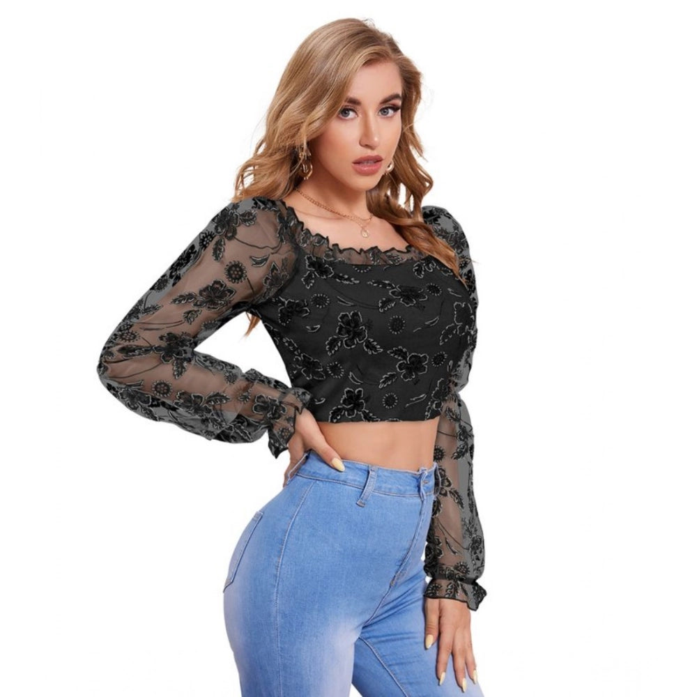Vaystra Polyester Solid Full Sleeves Square Collar Top – Black