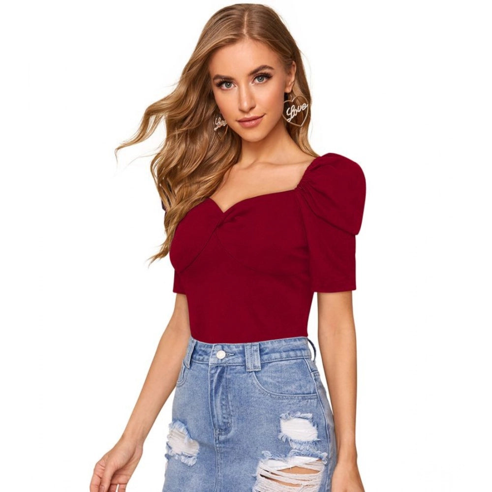 Vaystra Polyester Solid Puff Short Sleeves Sweetheart Neck Top – Maroon