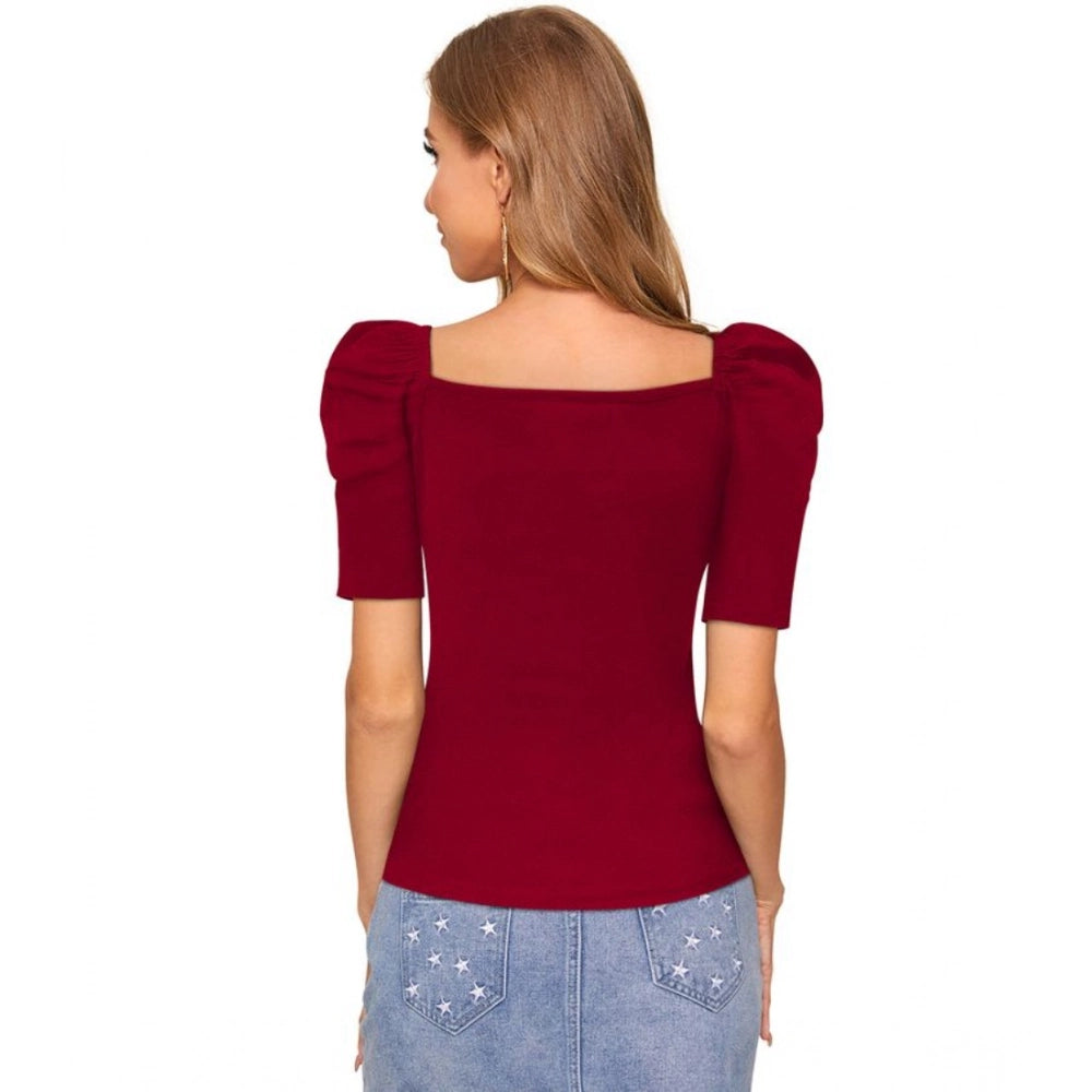 Vaystra Polyester Solid Puff Short Sleeves Sweetheart Neck Top – Maroon